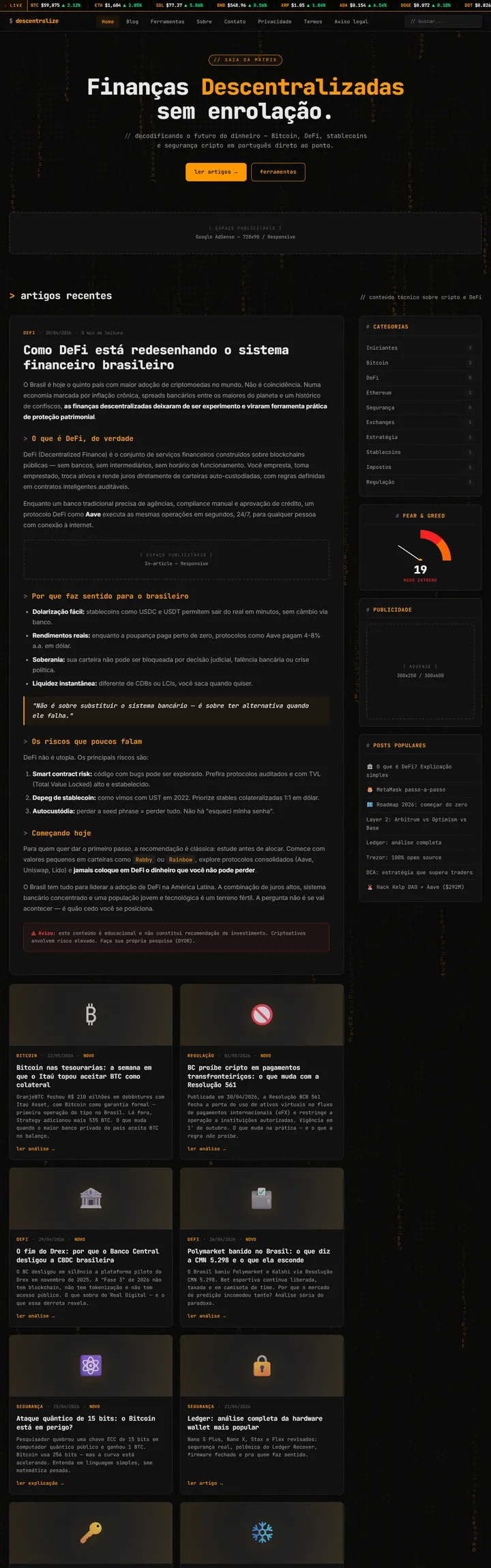 Portal Descentralize sobre Bitcoin e cripto
